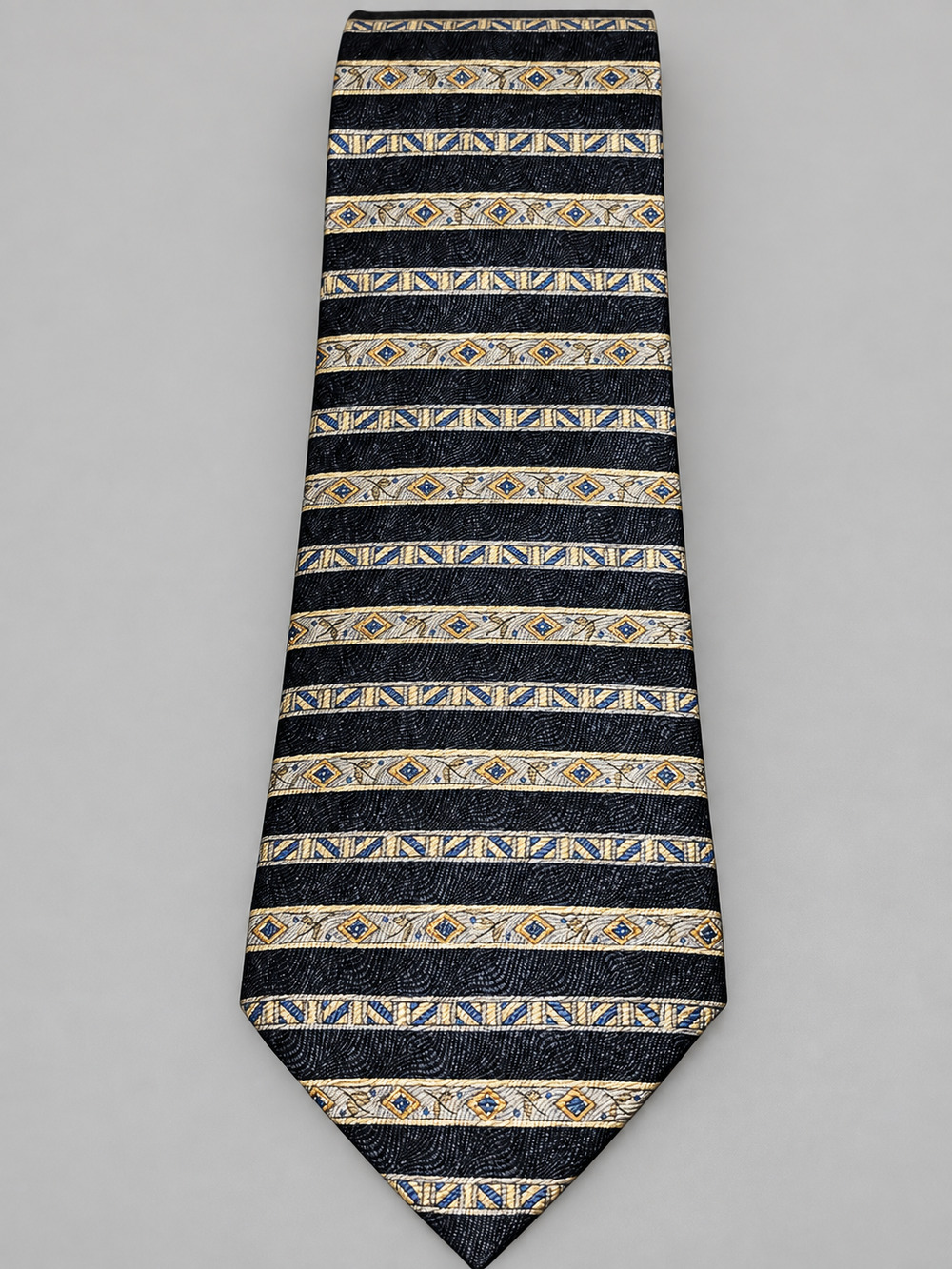 Geoffrey Beene Men’s Silk Tie Black Gold Blue Geometric Stripe Necktie